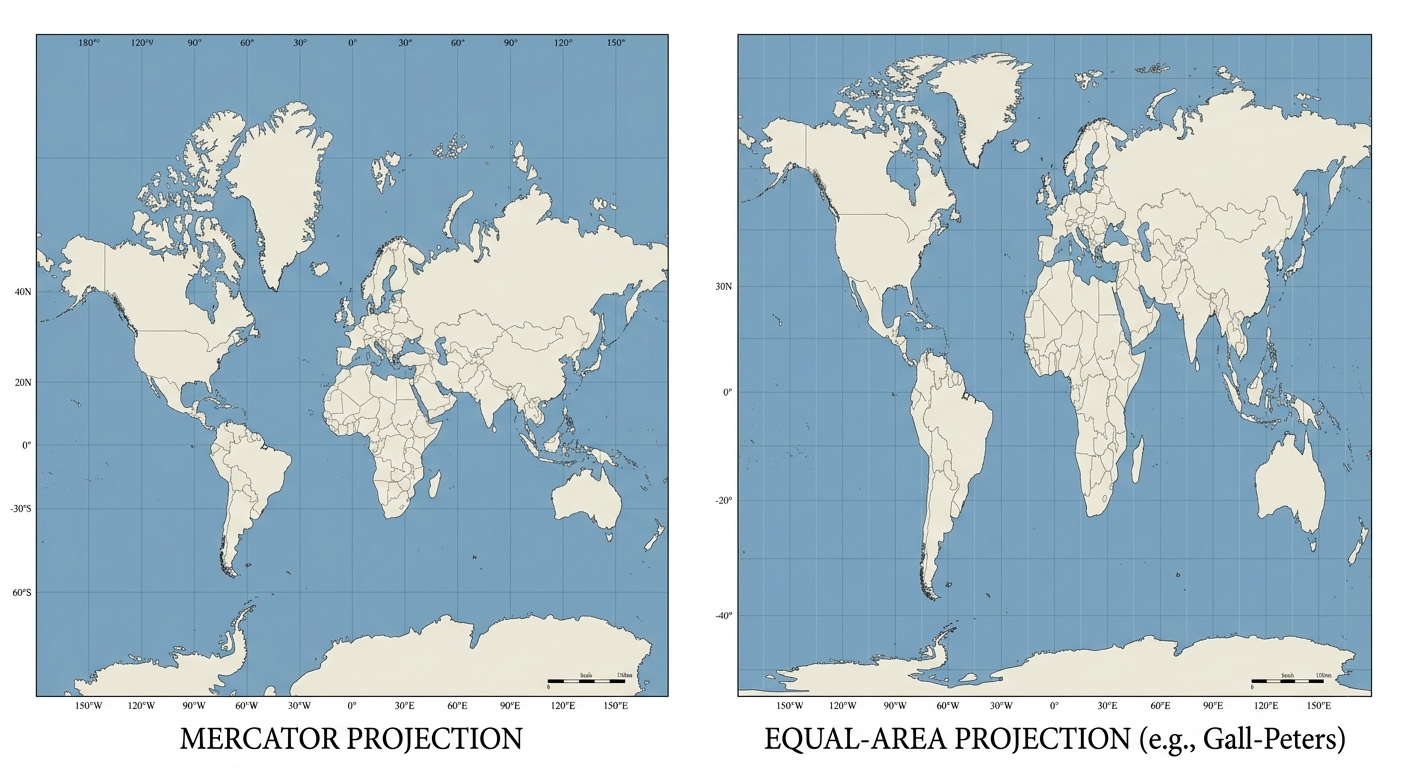 Geopolitics: Mercator vs. Equal-Area Projection Comparison
