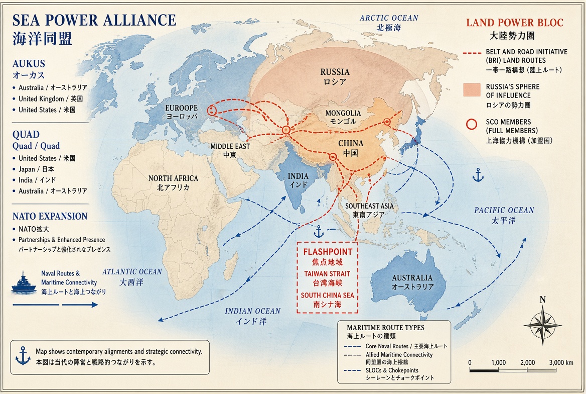 Geopolitics: Figure—Sea vs. Land on a Modern Map